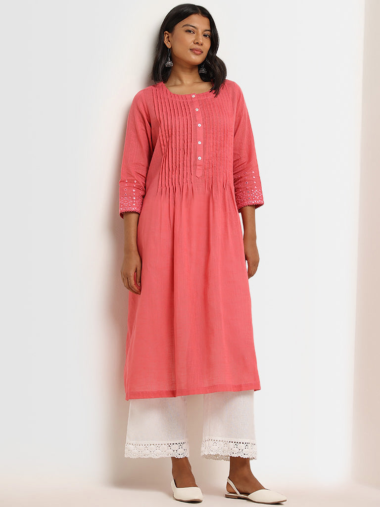 Utsa Coral Pintuck Design Cotton A-Line Kurta