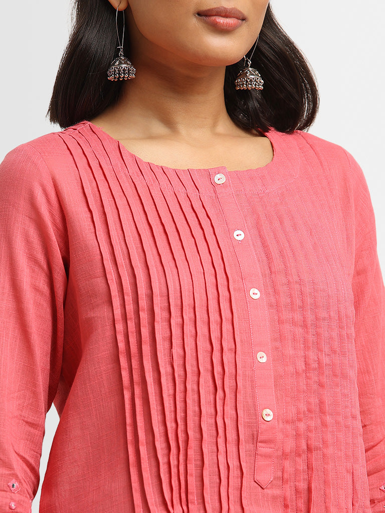 Utsa Coral Pintuck Design Cotton A-Line Kurta