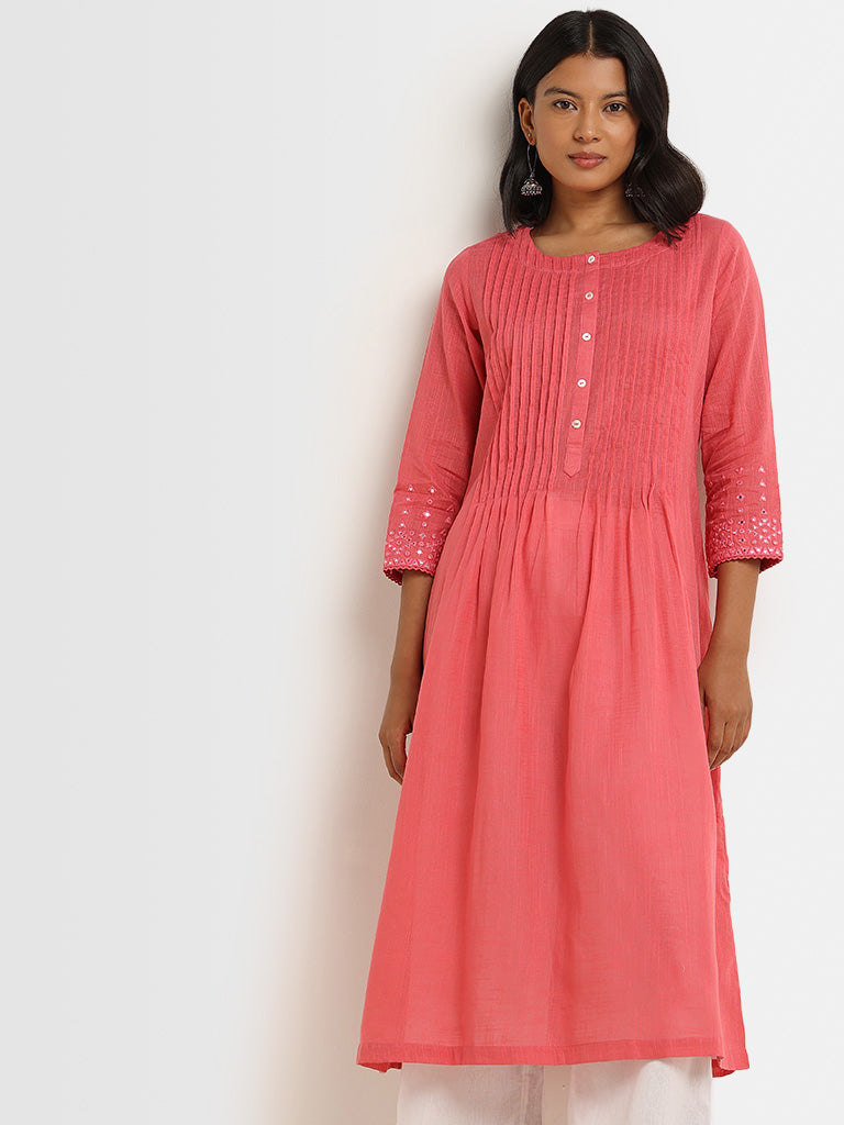 Utsa Coral Pintuck Design Cotton A-Line Kurta