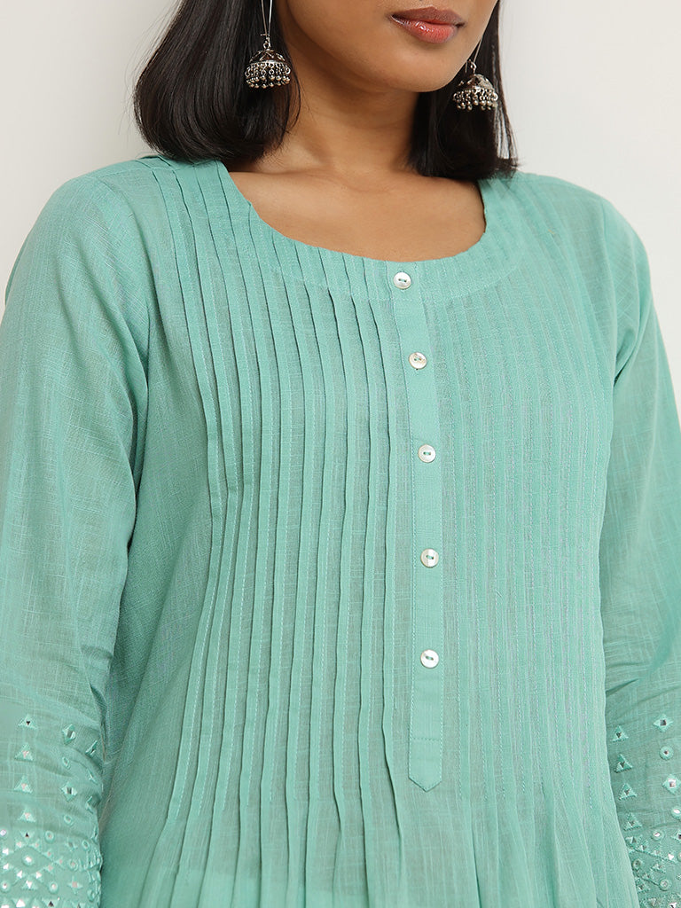 Utsa Turquoise Pintuck Design A-Line Cotton Kurta