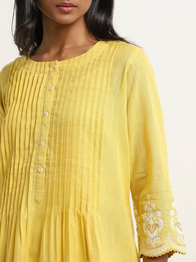 Utsa Yellow Pintuck Design A-Line Cotton Kurta