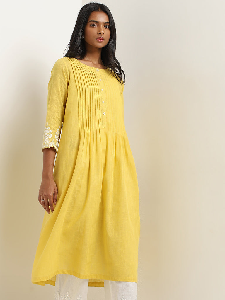 Utsa Yellow Pintuck Design A-Line Cotton Kurta