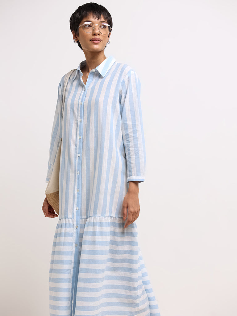 Utsa Blue Striped Cotton Shirt Midi-Dress