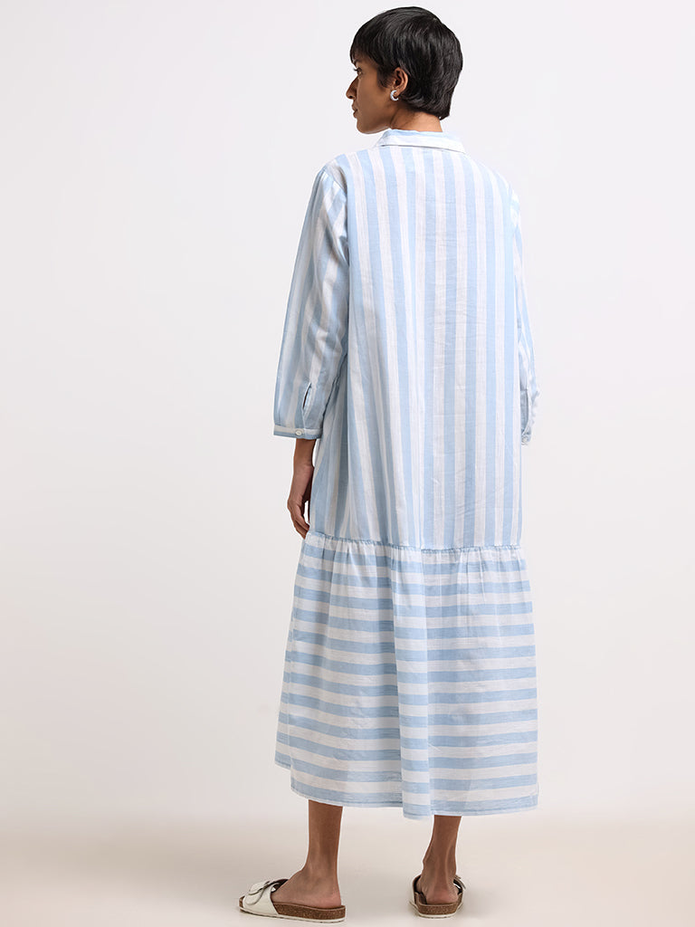 Utsa Blue Striped Cotton Shirt Midi-Dress