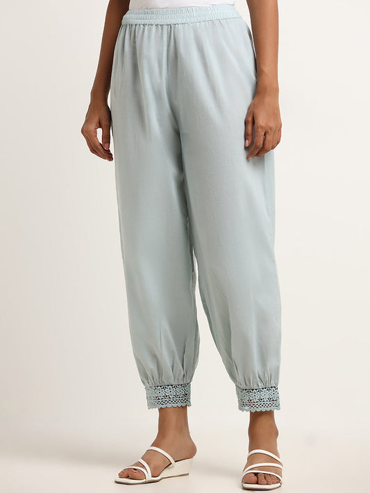 Utsa Light Blue Crochet-Trimmed Pants