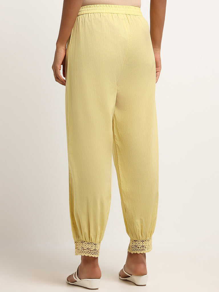 Utsa Yellow Cotton Crochet Trimmed Pants