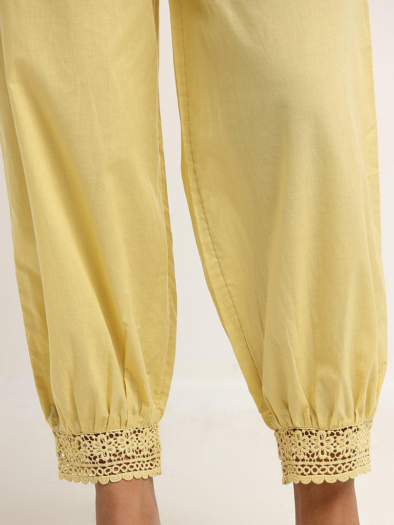 Utsa Yellow Cotton Crochet Trimmed Pants