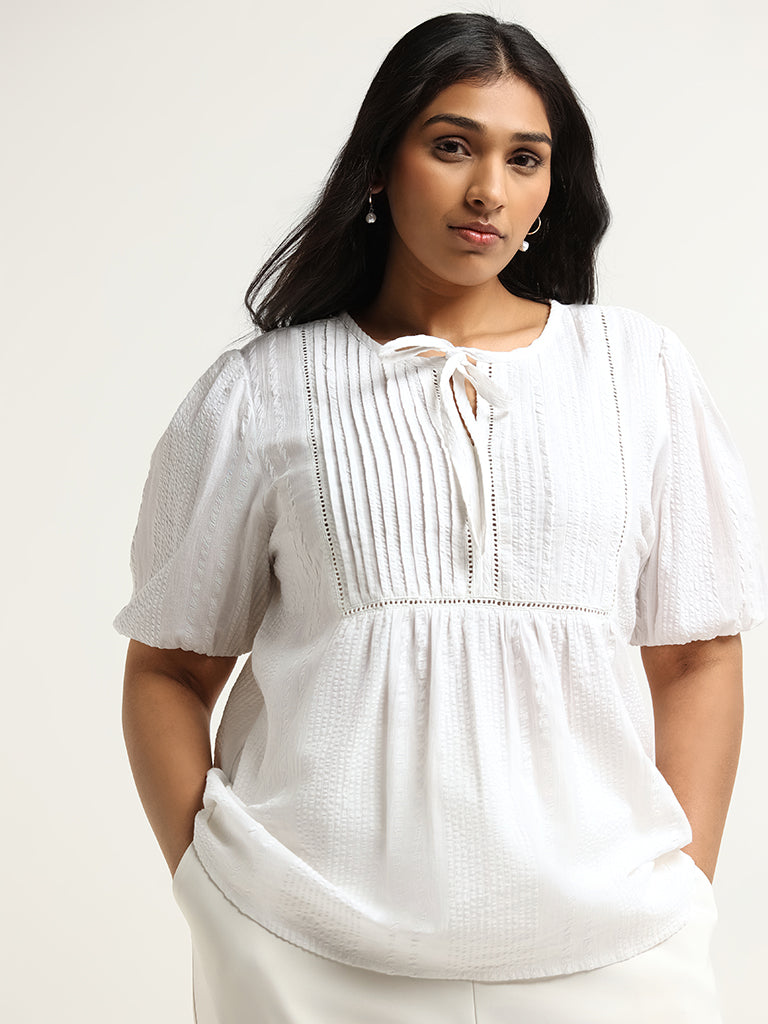 Gia White Textured Puff Sleeves Cotton Top