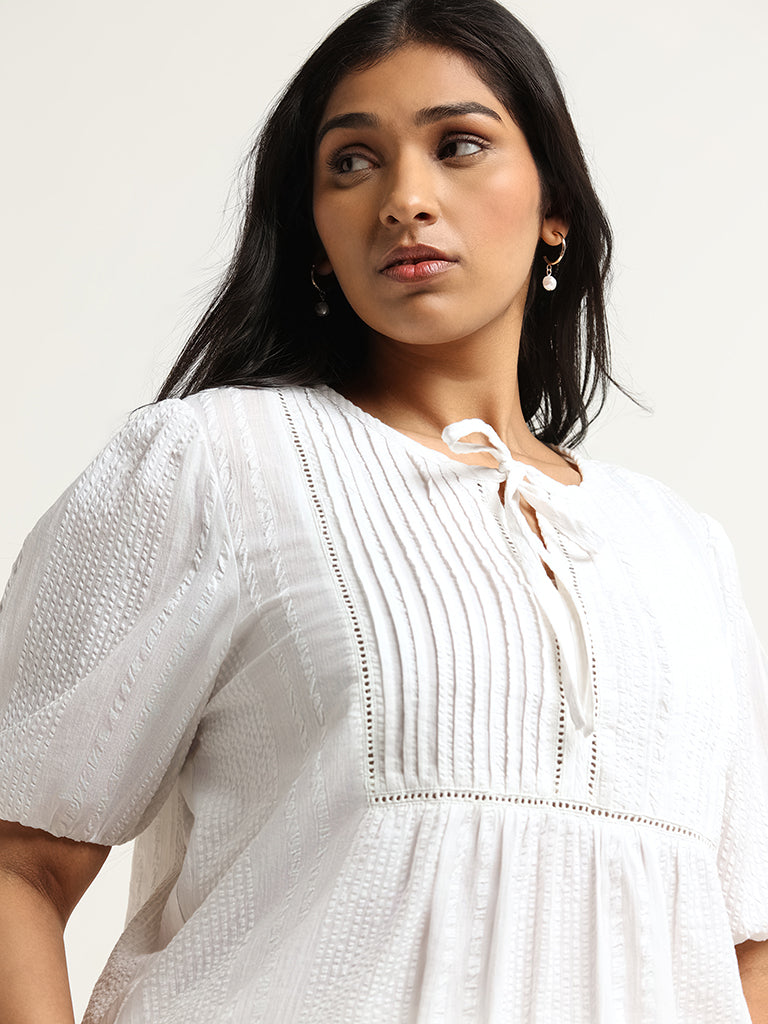 Gia White Textured Puff Sleeves Cotton Top