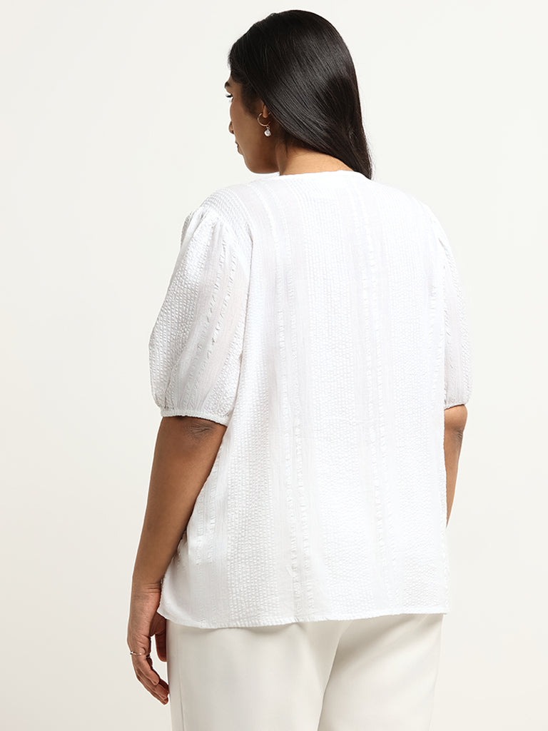 Gia White Textured Puff Sleeves Cotton Top