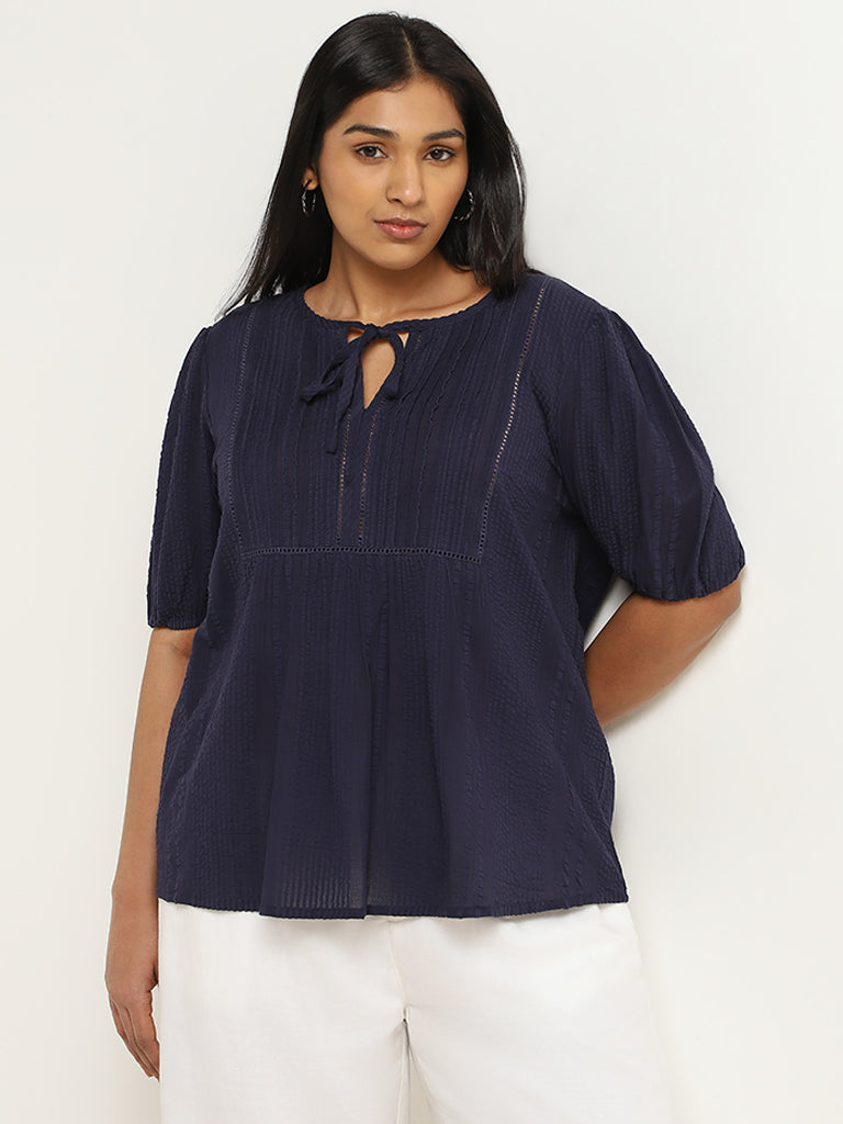 Gia Navy Cotton Tie Neck Top