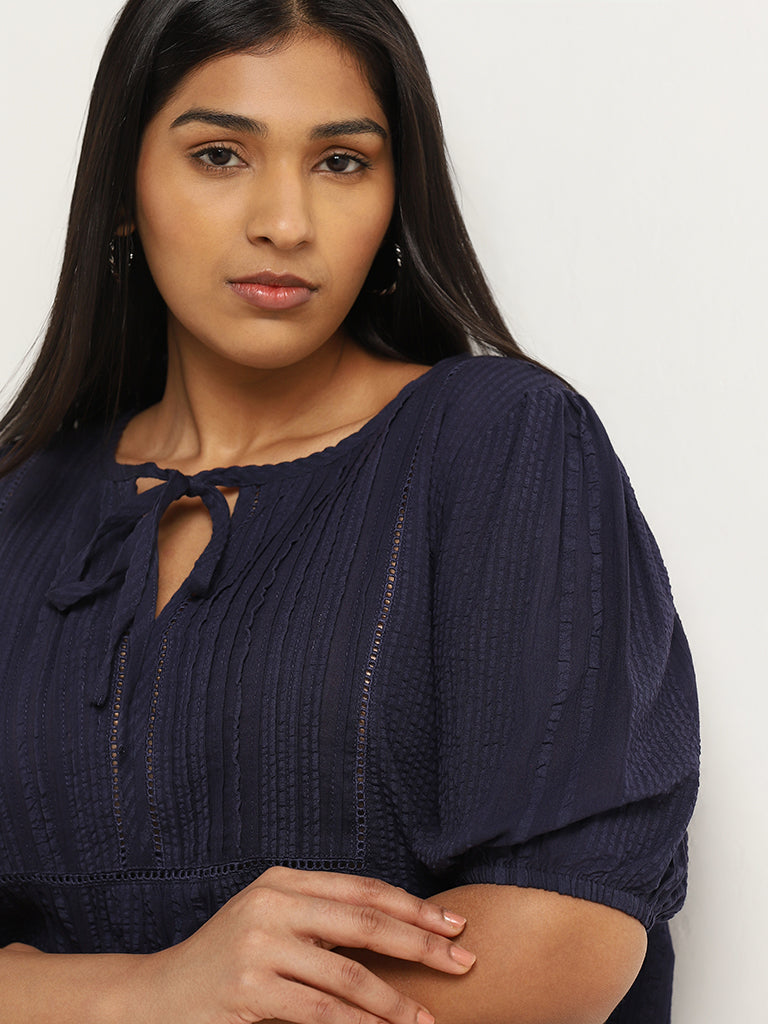 Gia Navy Cotton Tie Neck Top