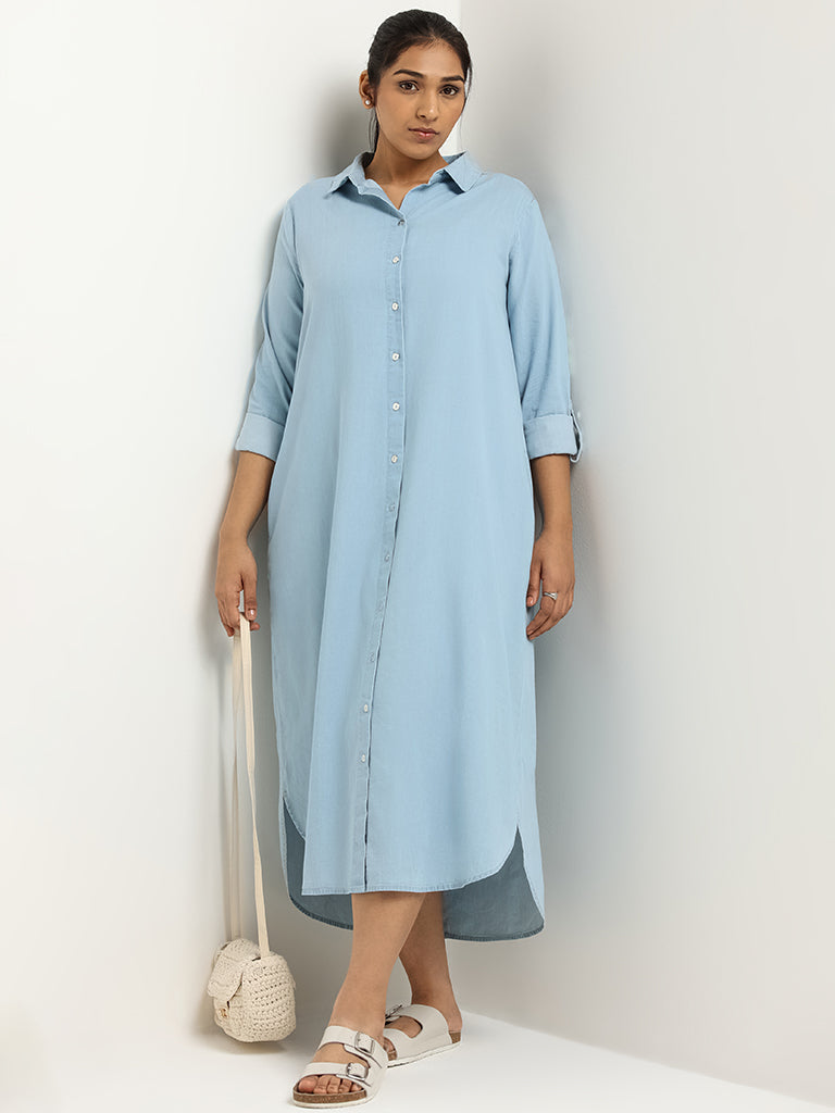 Gia Solid Blue Blended Linen Shirt Dress