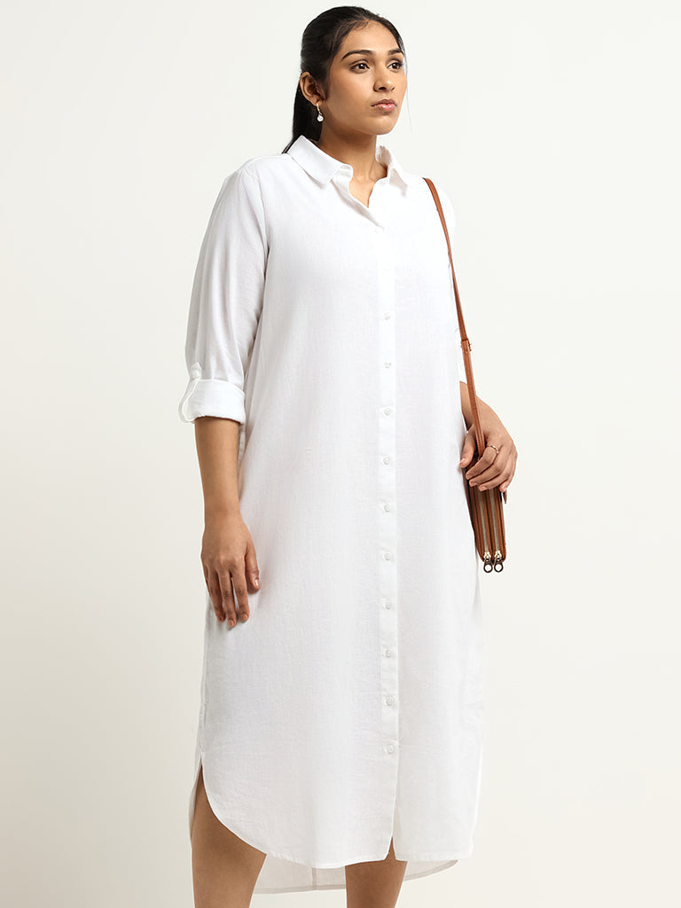 Gia Solid White Blended Linen Shirt Dress