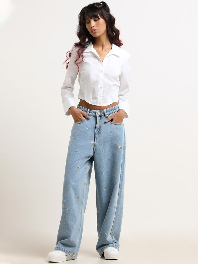 Nuon White Crop Denim Top