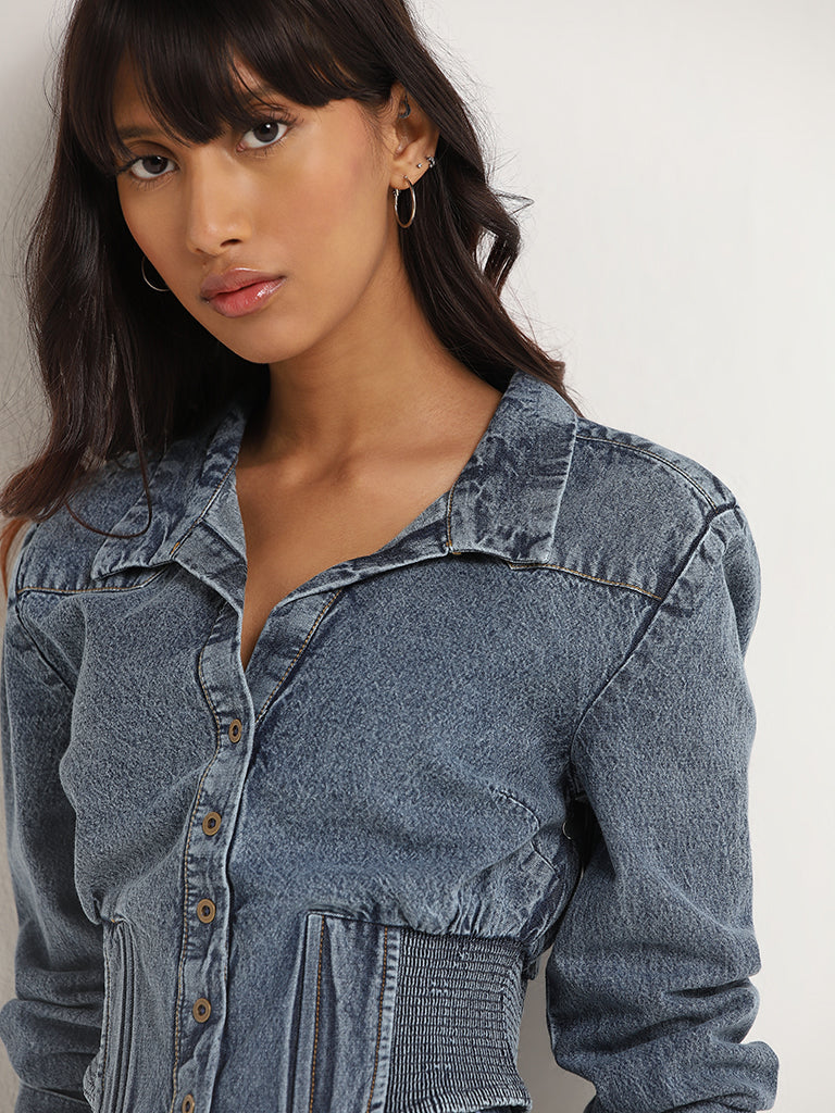 Nuon Light Blue Denim Fitted Crop Jacket