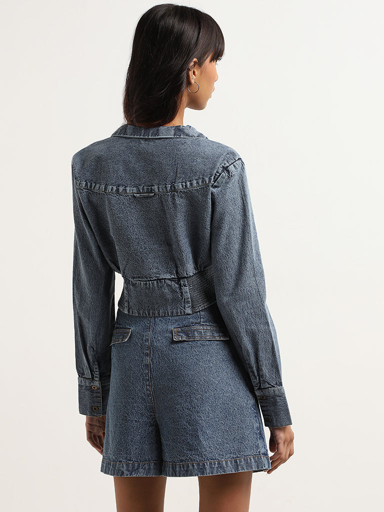 Nuon Light Blue Denim Fitted Crop Jacket