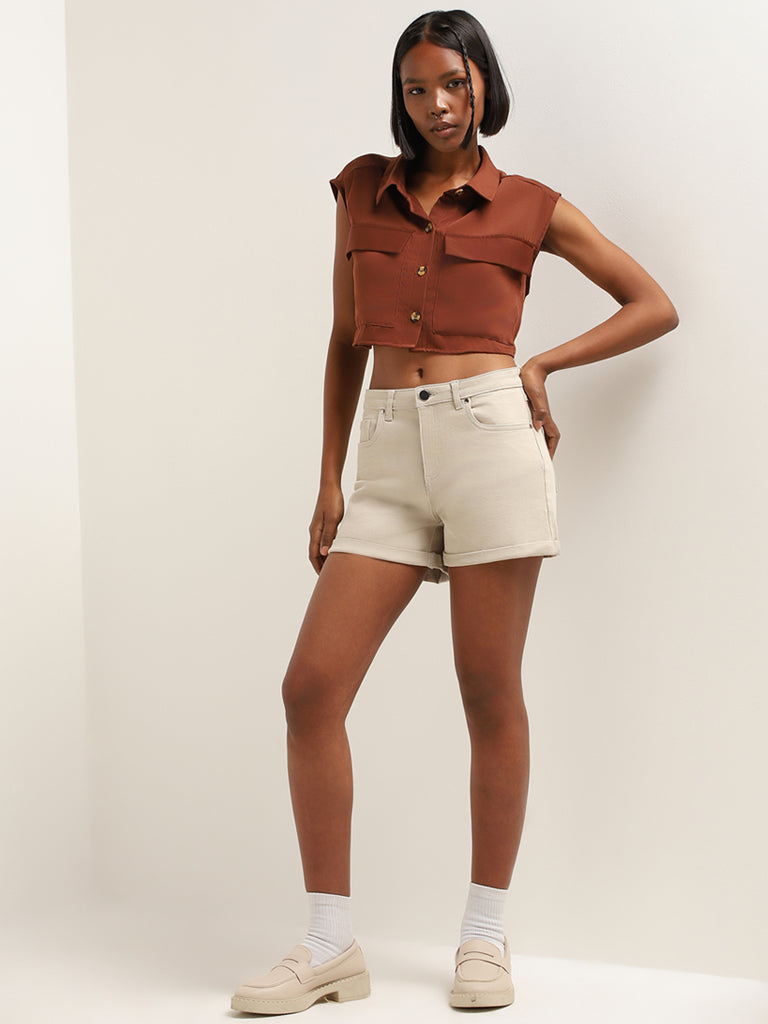 Nuon Brown Sleeveless Crop Shirt