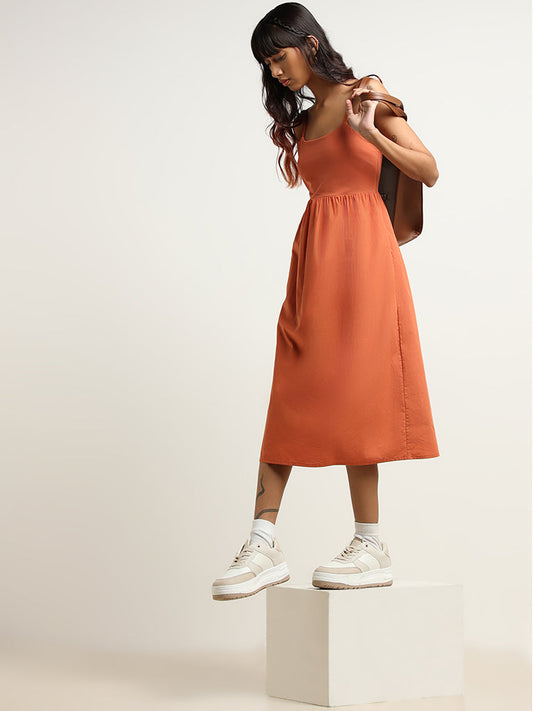 Nuon Orange Cotton Strappy Midi Dress