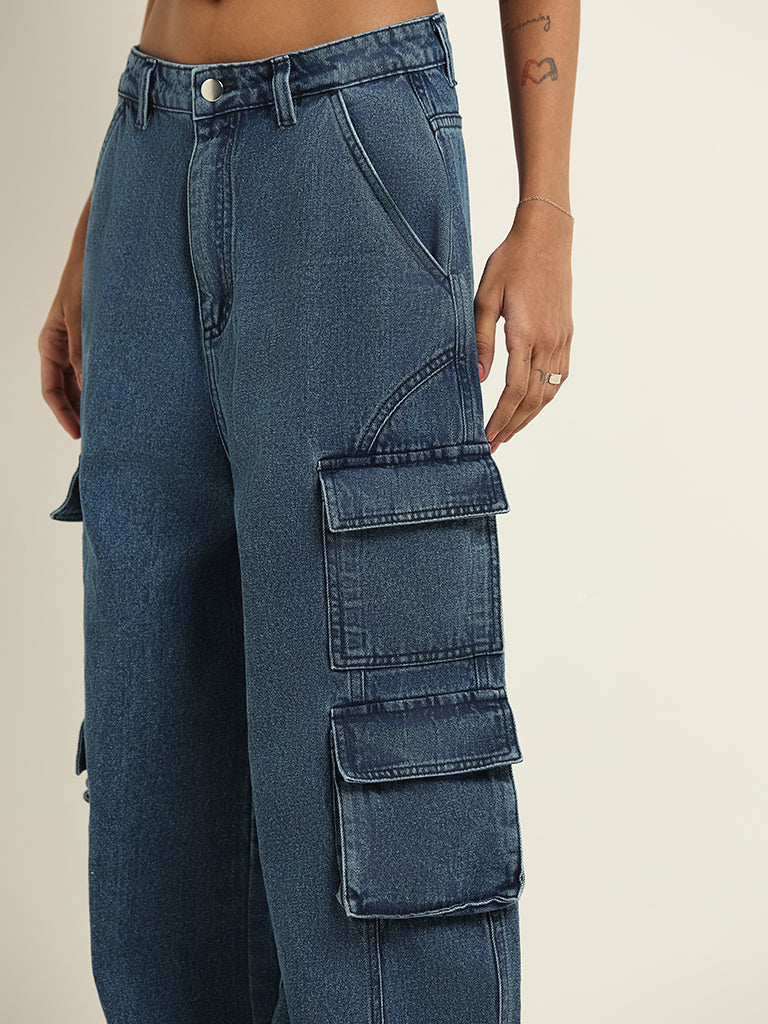 Nuon Blue Relaxed Fit High-Waist Cargo Jeans