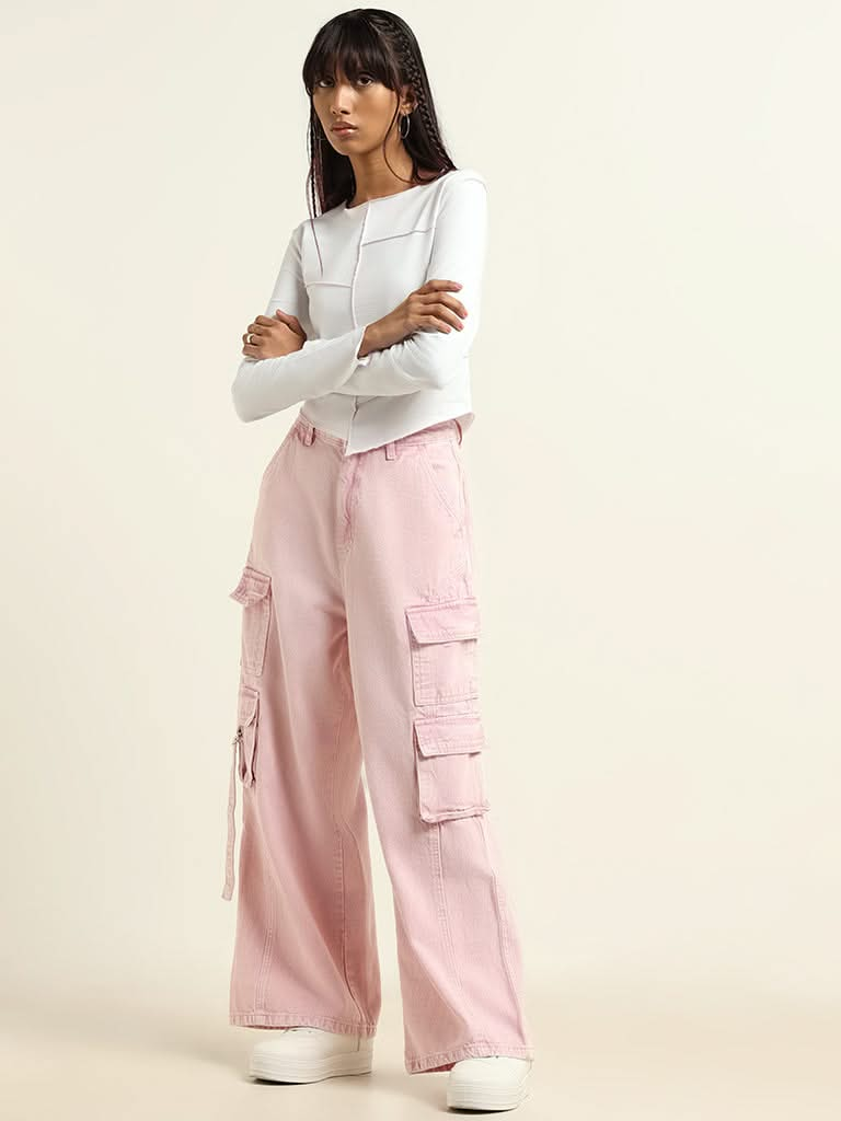 Nuon Pink Mid Rise Wide Leg Fit Cargo Jeans