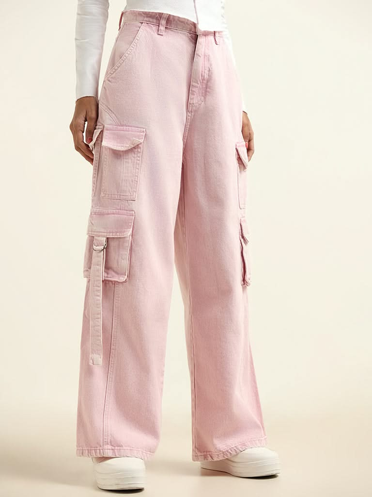 Nuon Pink Mid Rise Wide Leg Fit Cargo Jeans