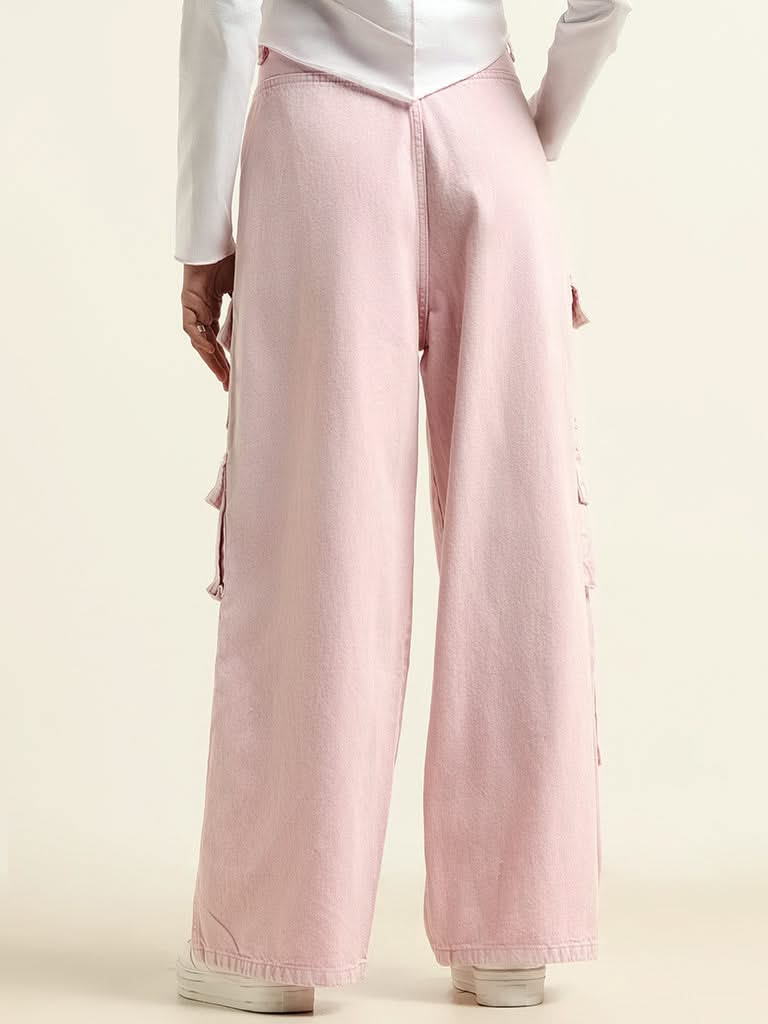 Nuon Pink Mid Rise Wide Leg Fit Cargo Jeans