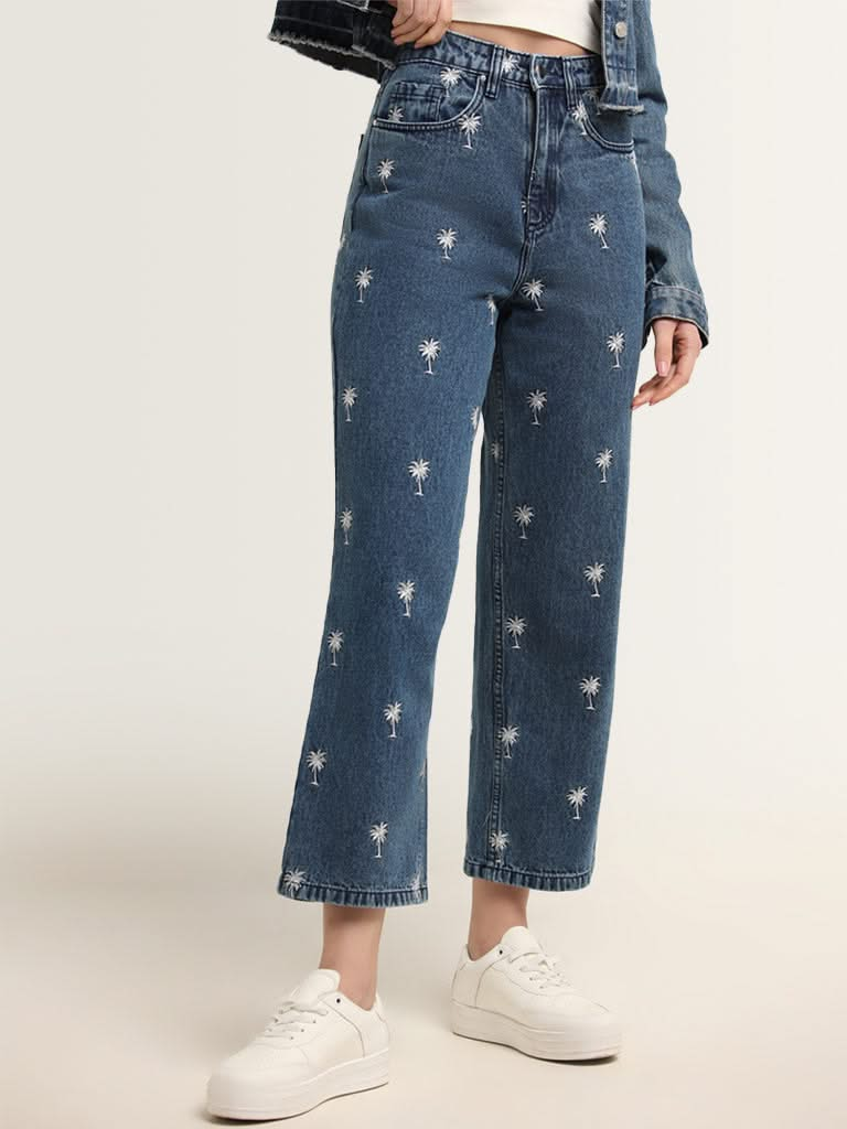 Nuon Blue Embroidered High Rise Relaxed Fit Jeans