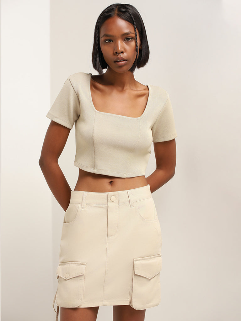 Nuon Beige Ribbed Crop Top