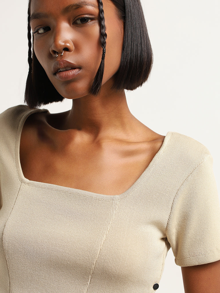 Nuon Beige Ribbed Crop Top