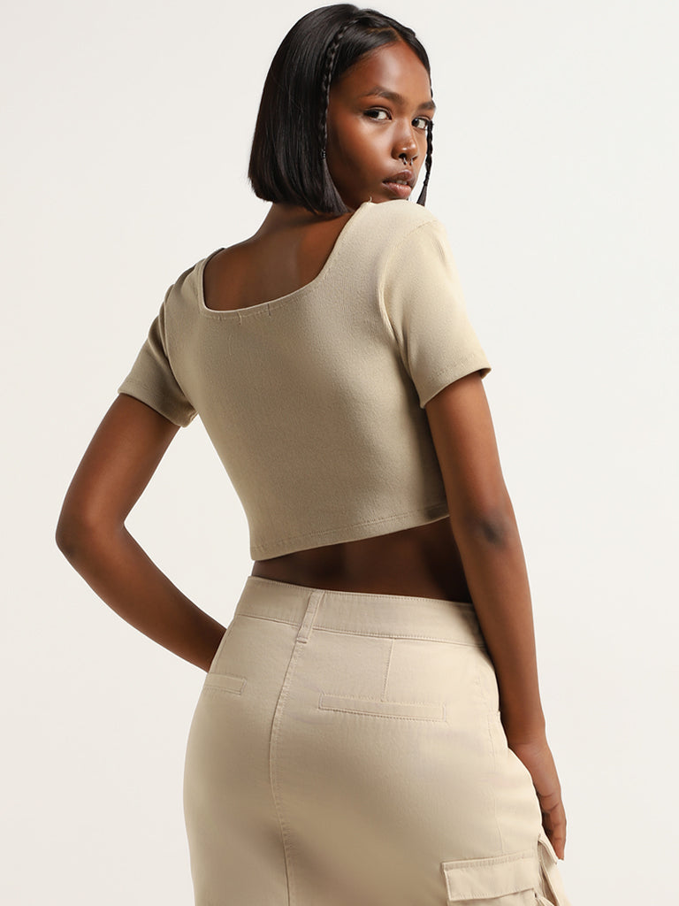 Nuon Beige Ribbed Crop Top