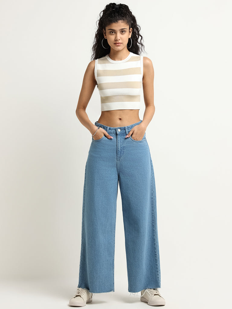 Nuon Beige Striped Crop Top