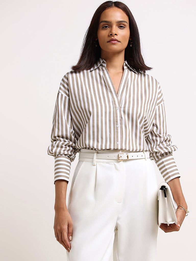 Wardrobe Taupe Striped Cotton Shirt