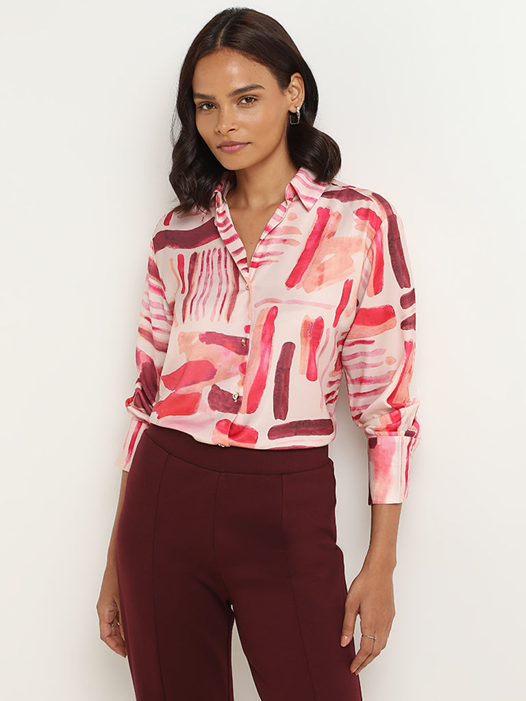 Wardrobe Pink Satin Printed Shirt