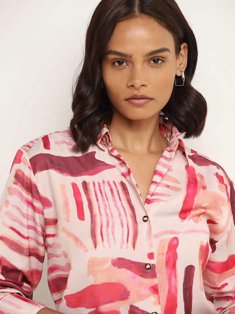 Wardrobe Pink Satin Printed Shirt