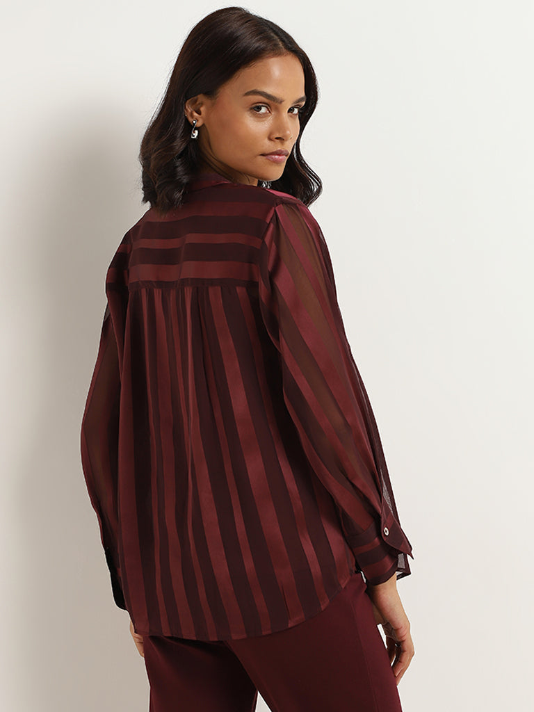 Wardrobe Maroon Sheer Striped Shirt