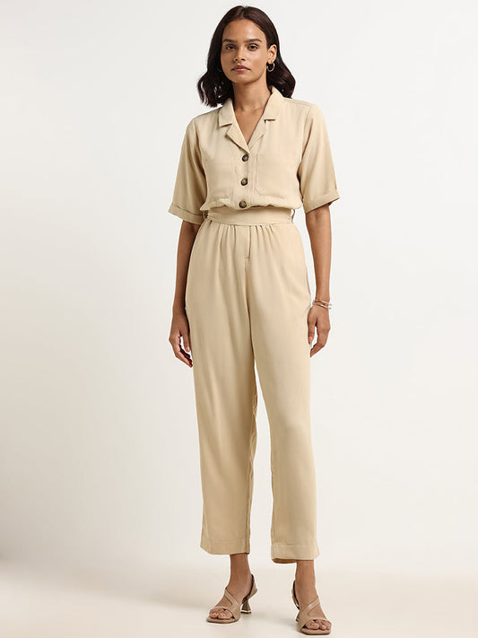 Wardrobe Beige Button-Down Jumpsuit with Belt