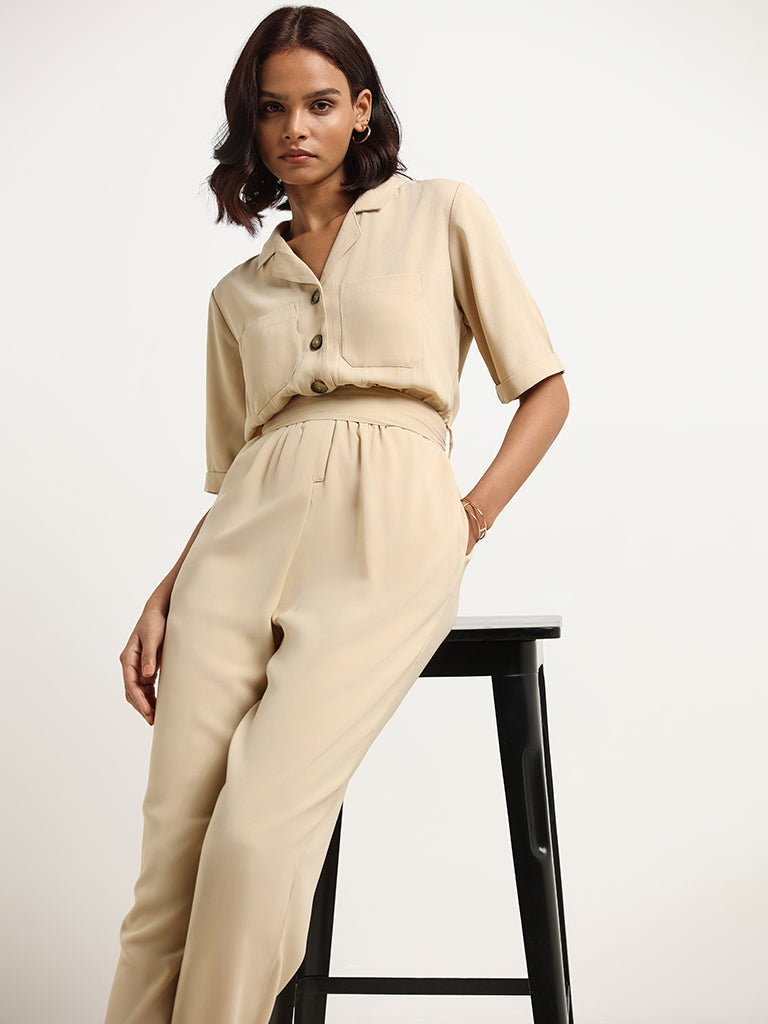 Wardrobe Beige Button-Down Jumpsuit with Belt