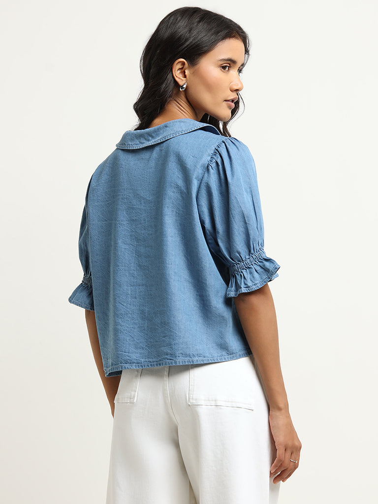 LOV Blue Puff-Sleeves Cotton Blend Shirt