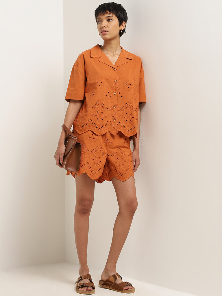 LOV Rust Orange Cotton Schiffli Shirt