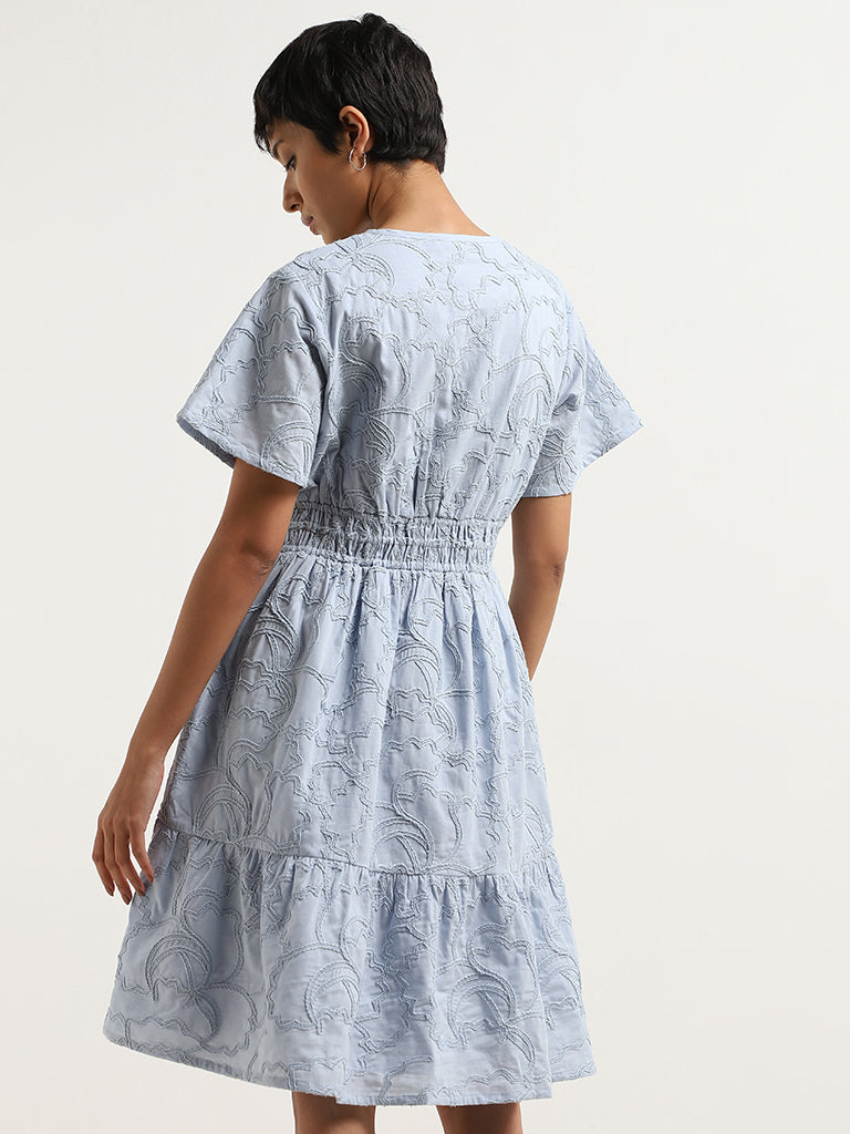 LOV Powder Blue Smocked Waisted Cotton Tiered Dress