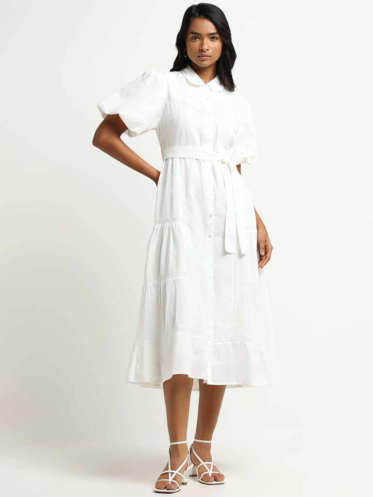 LOV White Embroidered Cotton Midi Dress With Belt