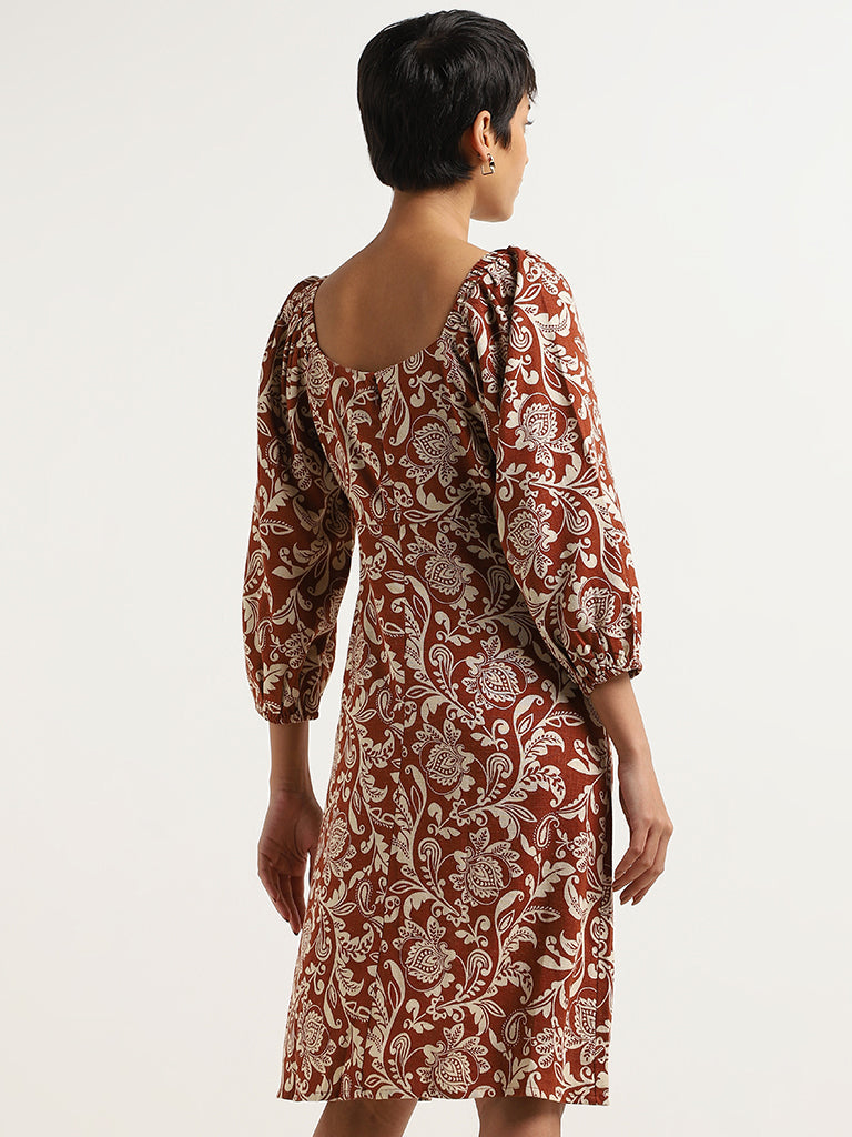 LOV Dark Rust Printed Crepe Blended Linen A-Line Dress