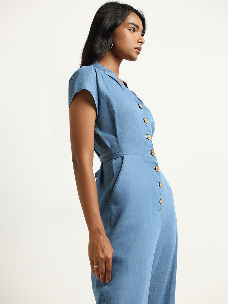 LOV Blue Buttoned Cotton Blend Jumpsuit