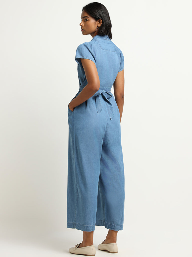 LOV Blue Buttoned Cotton Blend Jumpsuit