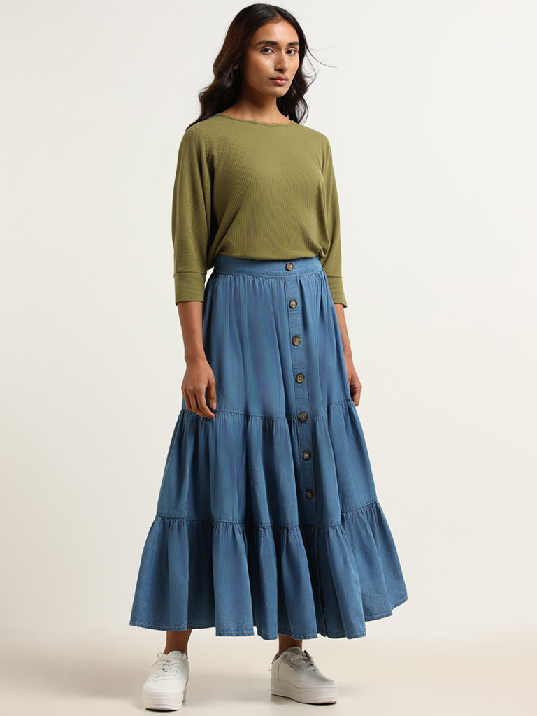 LOV Blue Solid Tiered Skirt