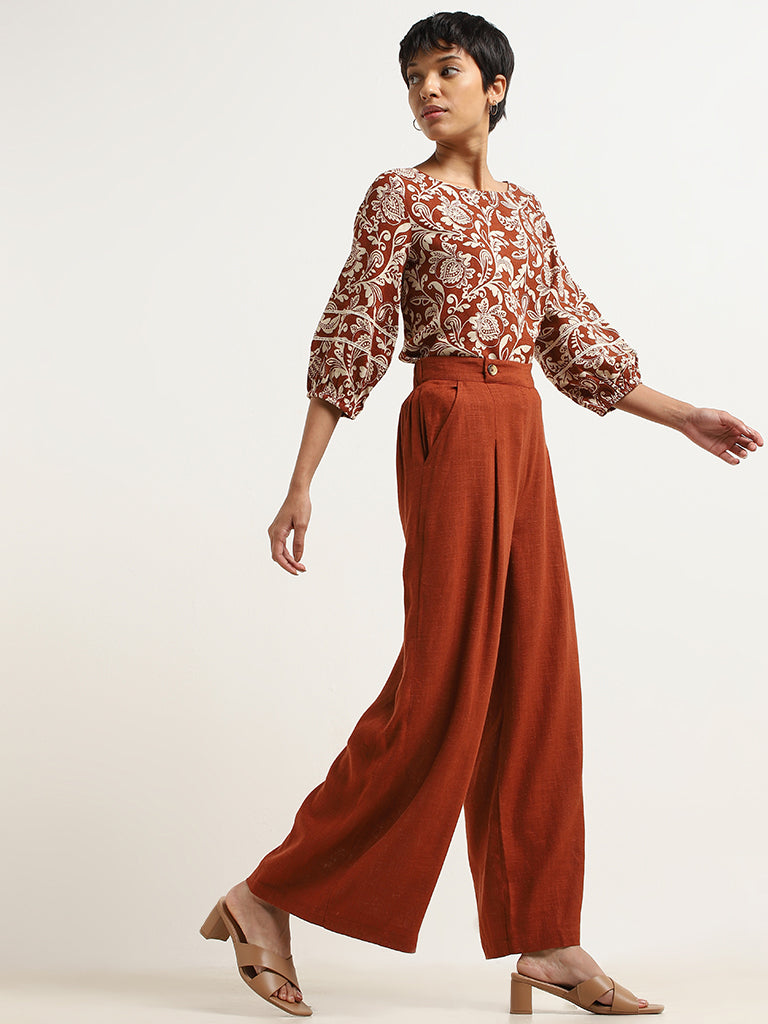 LOV Dark Rust Blended Linen Wide Leg Trousers