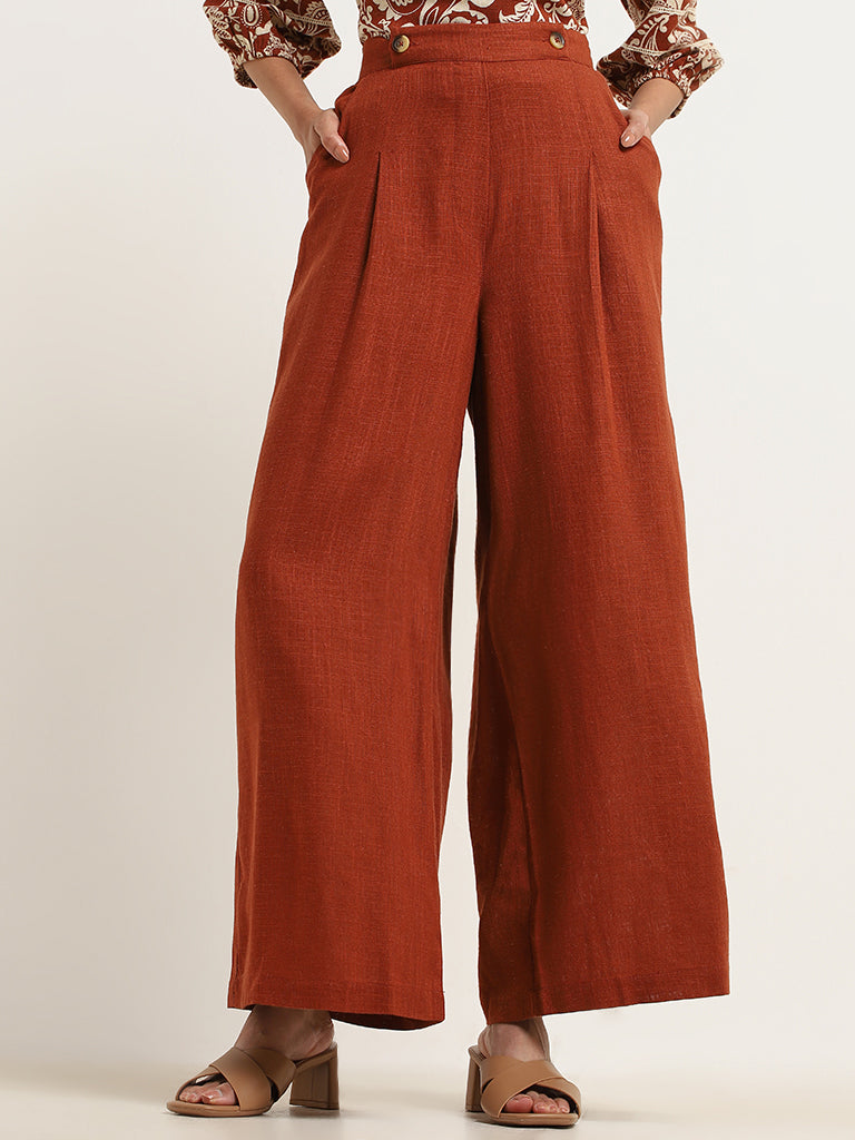 LOV Dark Rust Blended Linen Wide Leg Trousers