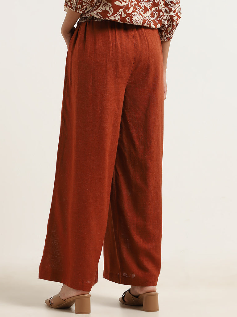 LOV Dark Rust Blended Linen Wide Leg Trousers