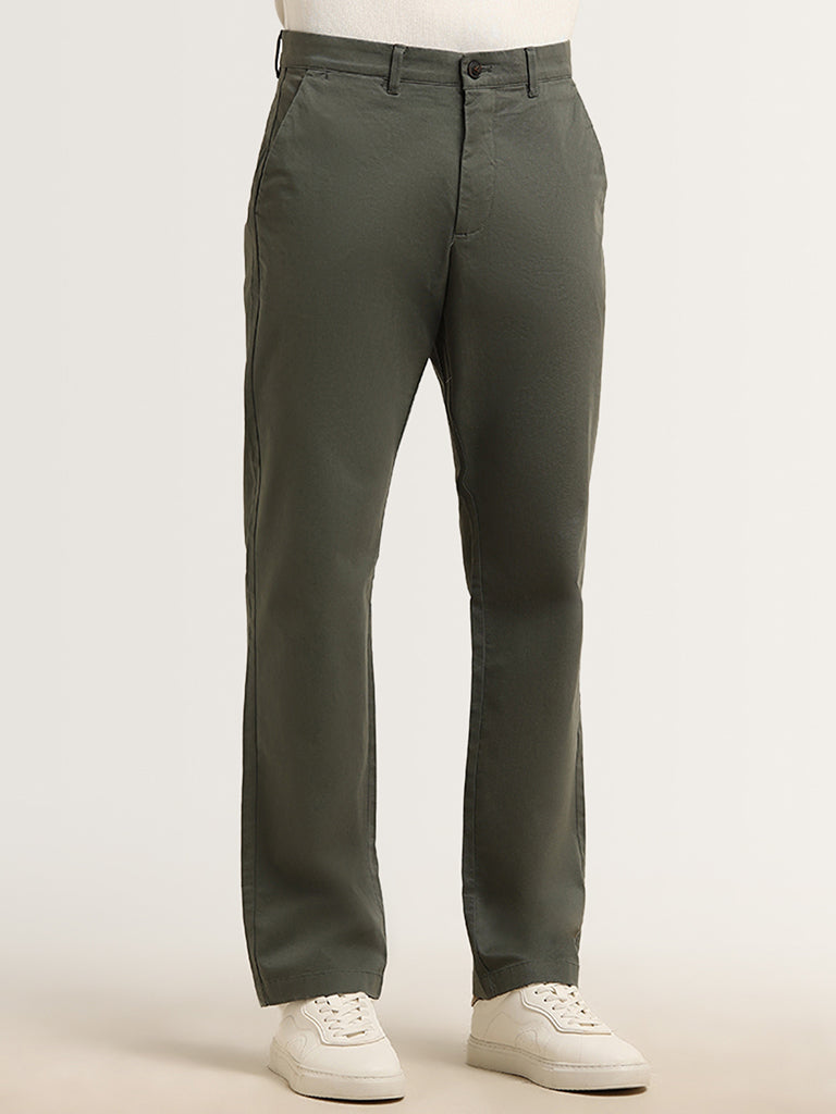 Ascot Dark Olive Mid Rise Cotton Blend Relaxed Fit Chinos